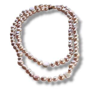 Long Pearl Necklace- Sterling Silver 925 Stamped Clasp Beaded Mauve Pink